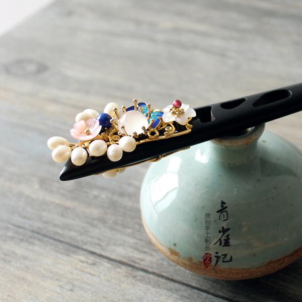 【かんざし1点】コクタン漢服髪飾り 手作り 天然石【青雀记--上花】