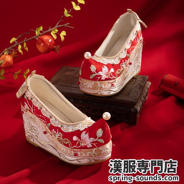 【靴1足】漢服靴　花柄刺繍 刺繍靴 チャイナ靴 結婚式漢服シューズ 厚底靴 レディース