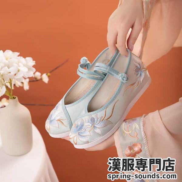 【靴1足】漢服靴 結婚式　グリーン ホワイト 刺繍漢服シューズ チャイナ靴 レディース