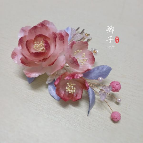 绒花-『红消香』 漢服髪飾り かんざし バラ 手作り シルク 無形文化遺産登録