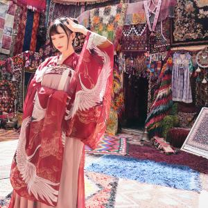 [十三余--松鹤仙]「広袖コート1点」ワインレッド 鶴柄 漢服 中華服 チャイナ服 撮影