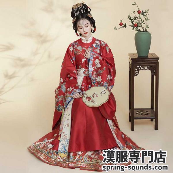 スカート 马面裙 裾周り5.5ｍ 花柄漢服　レディース結婚式用漢服 漢服 レッド 撮影 公演 「钟灵记--繁华锦鹊」