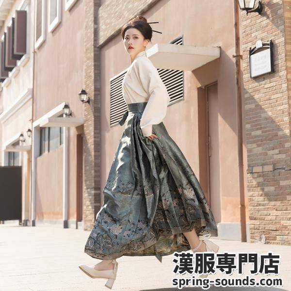 漢服馬面裙 スカート 3色 レディース ベージュ 「清水溪-荷塘」