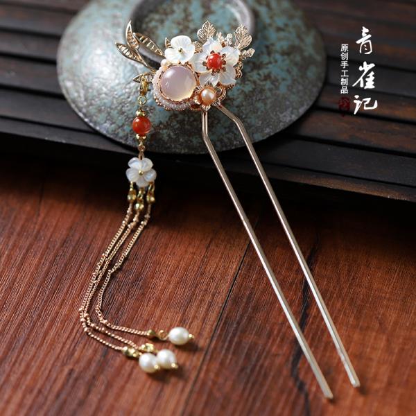 【2本足スティック】パール かんざし ヘッドアクセ   【青雀记--龙葵红】
