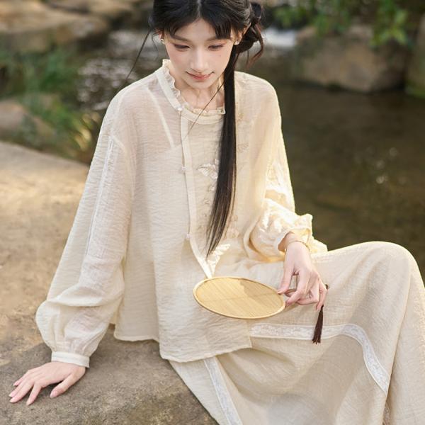 トップス+ズボン 芭蕉と月柄刺繍漢服 [乘月]