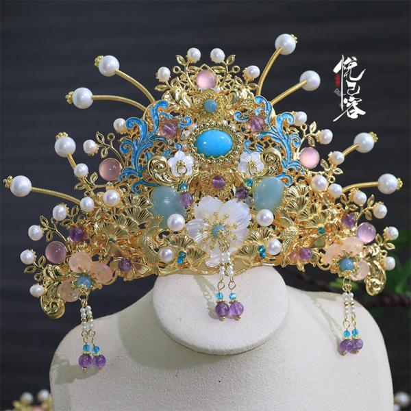 明制手作り冠 天然石　悦己容[金玉雪]