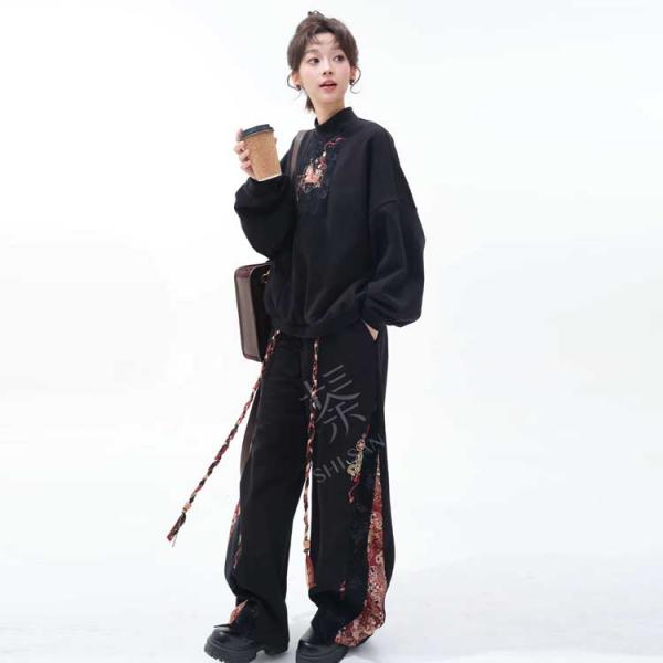 刺繍 裏起毛トップス+ズボン レディース 十三余[金鞠]