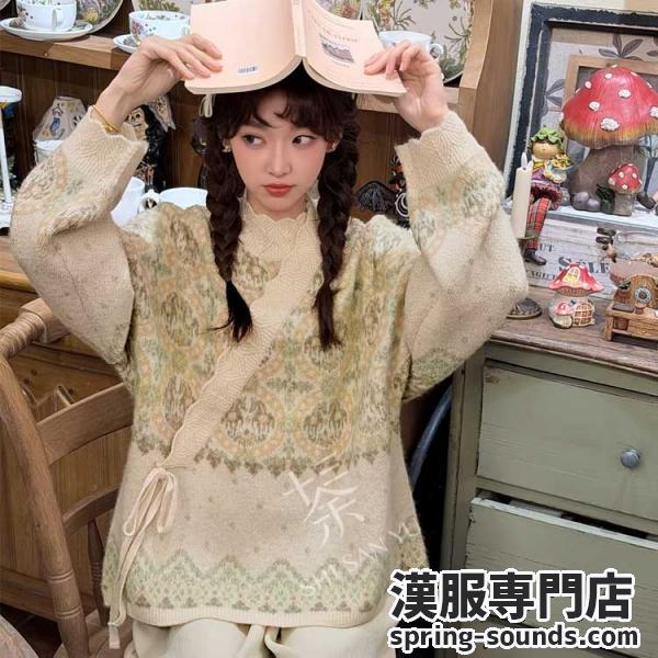 中華テイスト ゆったり曲襟セーター オーバーサイズ 柔らかニット 女性用  十三余[绘锦]