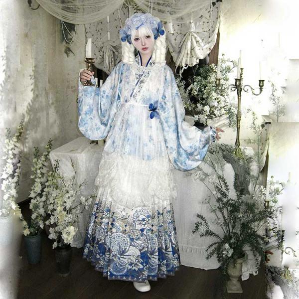 花柄刺繍 明制レディース漢服  琵琶袖 花仙记【青瓷问镜】