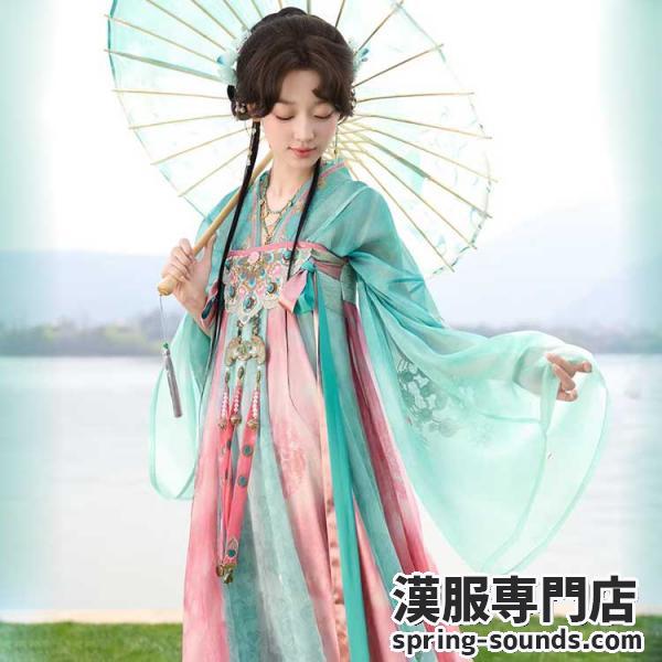 配色トップス × 胸上げワンピース 丸紋刺繍 唐制漢服 レディース 　十三余[蝶生春涧]