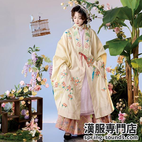 晩明漢服 披風・立ち襟大襟袄・馬面裙 刺繍が彩る春の伝統装　花朝记｜花间灵玑鹦鹉