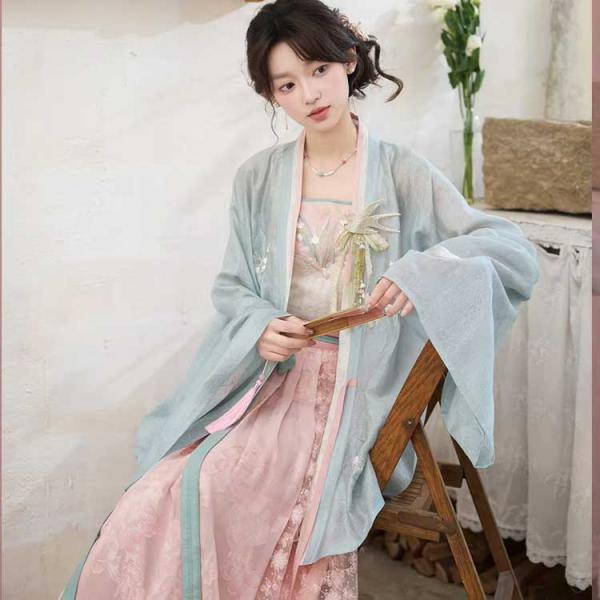 天糸（テンセル）対襟のシャツ & 花鳥刺繍キャミソール & プリント切り替えスカート 宋風　十三余[铃兰川]