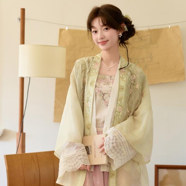 対襟シャツ × 植毛キャミソール × グラデーションプリント宋裤 漢元素セット レディース 十三余[杏花约]