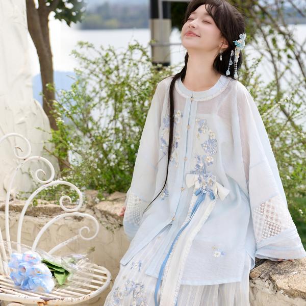 明制漢服 テンセル対襟トップス＆ゴム馬面裙 セット 十三余[南风盈]