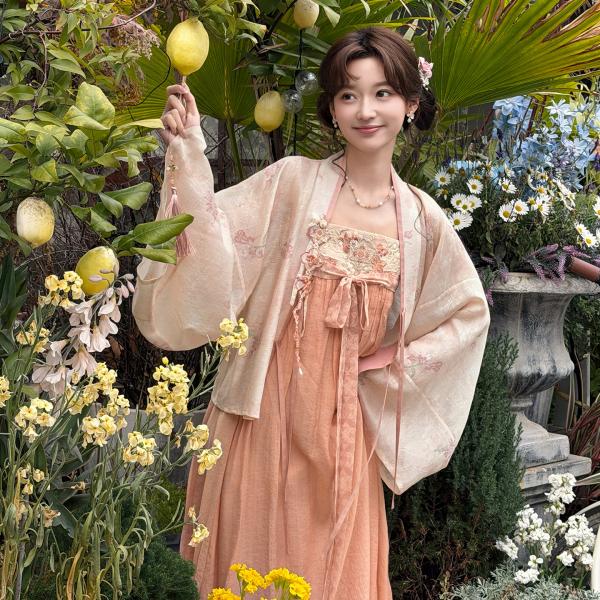 テンセル 改良漢服セット 刺繍褶衣トップス＋オレンジピンク キャミソールワンピース レディース 十三余[朱云琐]