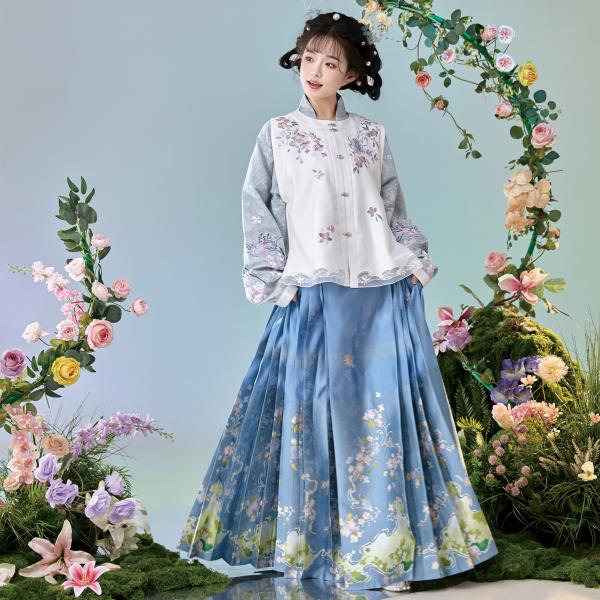 明制漢服 花柄刺繍 馬面裙 春の伝統装 花朝记｜花间灵玑玉龙