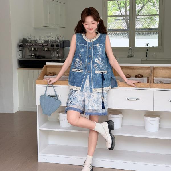 刺繍ベスト+短パン 改良漢服 十三余[兰息]