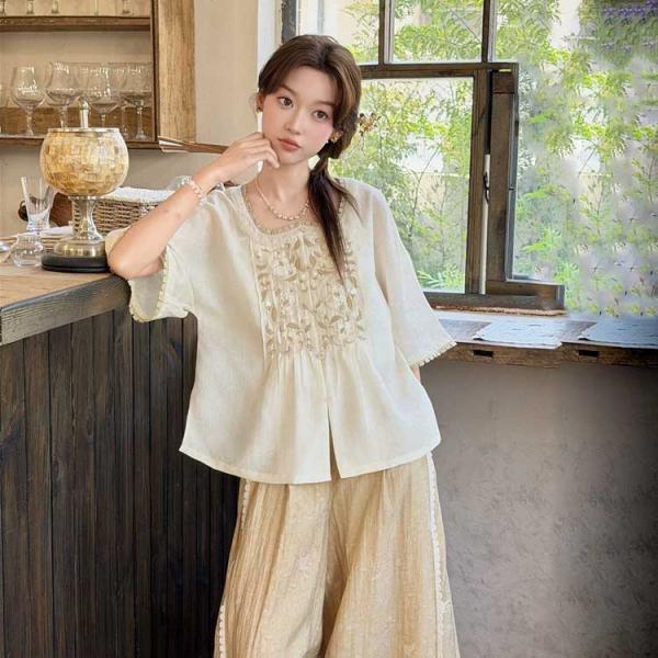 刺繍シャツ+ガウチョパンツ　　十三余[凉月]