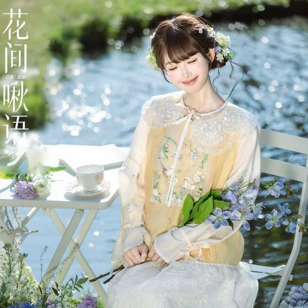 フェイクツーピースのトップスと、ゴムウエストのハーフスカート 重回汉唐花间啾语