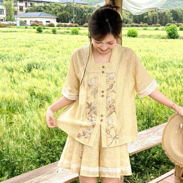 枇杷柄刺繍　トップス+短パン　三余小豆蔻儿[枇杷雀]